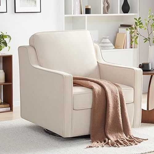 360° Swivel Accent Chair with Wide Armrests, Swivel Oversized Single Sofa Reading Chair with Soft Seat Cushion, Mid-Century Modern Swivel Arm Chair for Living Room, Bedroom, Beige