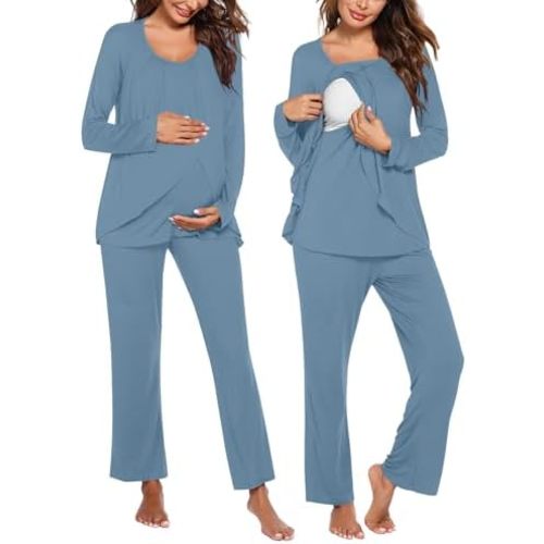 Ekouaer Maternity Nursing Pajama Set Long Sleeve Top & Pants with Pockets Breastfeeding Sleepwear Double Layer Pregnancy