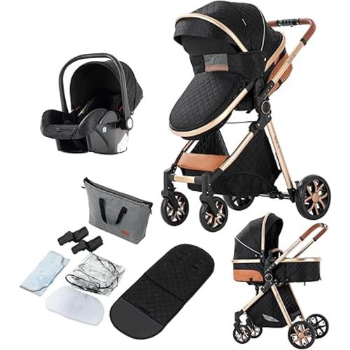 3 in 1 Baby Travel System, Reversible Baby Stroller, Pushchair Luxury Baby High Landscape Pram, Portable Standard Pram Buggy, Foldable Baby Carriage for Newborn Toddler (MGV9-BLACKGOLD Without Base)