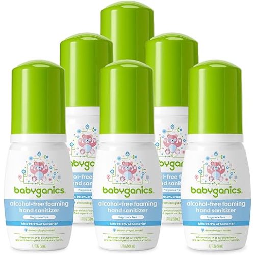 Babyganics Foaming Pump Hand Sanitizer, Alcohol Free, Travel Size, Fragrance Free, Kills 99.9% of Common Bacteria, Moisturizing, 1.69oz (Pack of 6)