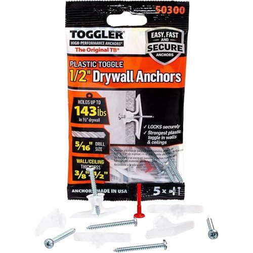 TOGGLER Toggle TB Residential Drywall Anchor with Screws, Polypropylene, Made in US, 3/8" to 1/2" Grip Range, For #6 to #14 Fastener Sizes (Pack of 5)
