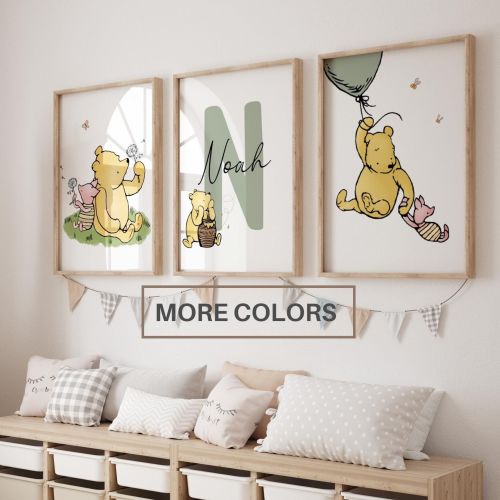 Set of 3 Classic Winnie the Pooh Personalised name Print, Winnie the Pooh Nursery Wall Art, Nursery Child Kids Decor, Pooh Digital Download