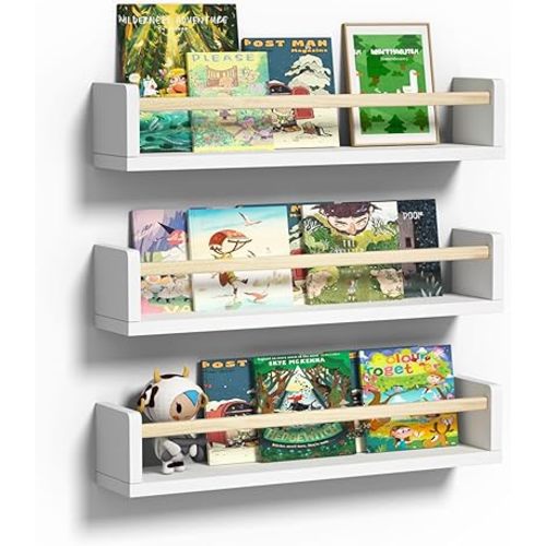 Nursery Book Shelves, 24 Inch Kids Wall Bookshelf Set of 3, Baby Nursery Decor, Solid Wood Wall Mounted Toddler Shelves for Books, Toys and Decor Storage (White, 24 Inch)