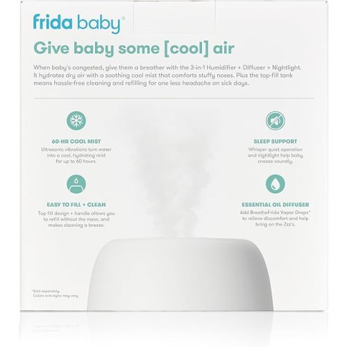 Frida Baby 3-in-1 Cool Mist Humidifier for Large Rooms, Top Fill Humidifier for Bedroom, 60 Hour Runtime + Diffuser, Nightlight, Auto Shut-Off, Quiet, Carry Handle, Nightlight, Essential Oil Diffuser