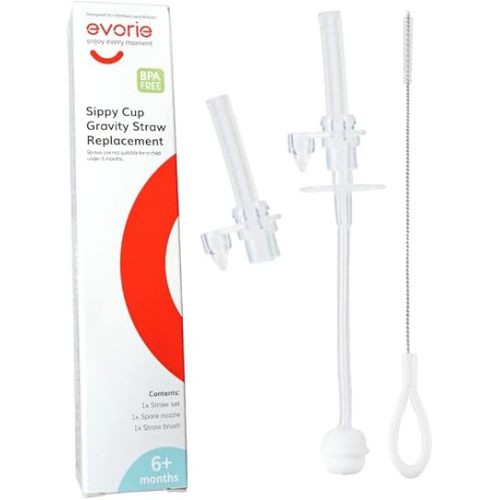 Evorie 360 Weighted Straw Replacement for 7 Oz Sippy Cup, Includes Straw Cleaning Brush and Spare Nozzle (Pack of 1)