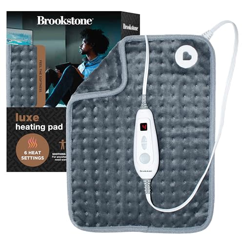 Brookstone Luxe Portable Heating Pad - Super Soft Plush, 6 Heat Settings, Machine Washable, Easy-to-Use Controller, 16'' x 12'' for Pain Relief, Period Cramps, Warmth (Charcoal)