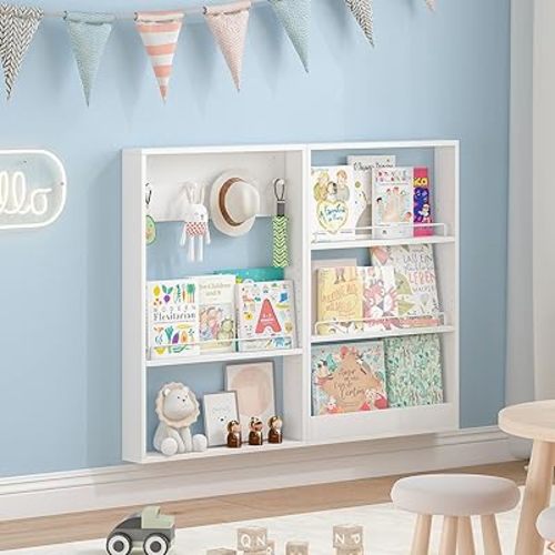 5-Tier Kids Bookshelf, Wall-Mounted Book Shelf with Adjustable Shelves & Hooks, Wooden Kids Bookshelf and Toy Storage, Space-Saving Behind Door Bookshelf for Kids' Rooms, Playroom, Nursery(White)
