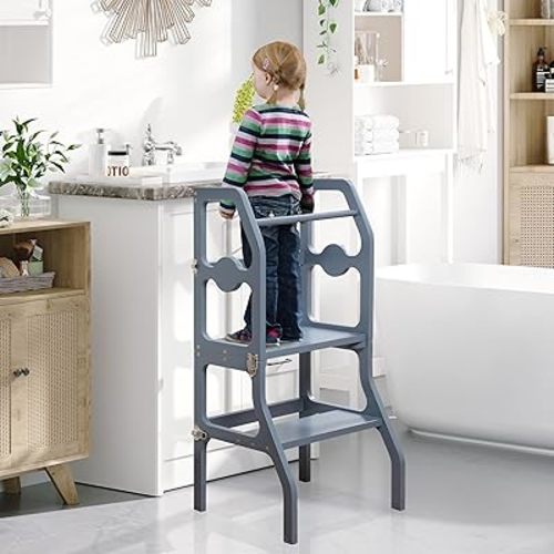 Toddler Kitchen Step Stool Helper Standing Tower Foldable Learning Counter for Kids, Sturdy and Safe Design,Easy to Assemble and Transport-Grey