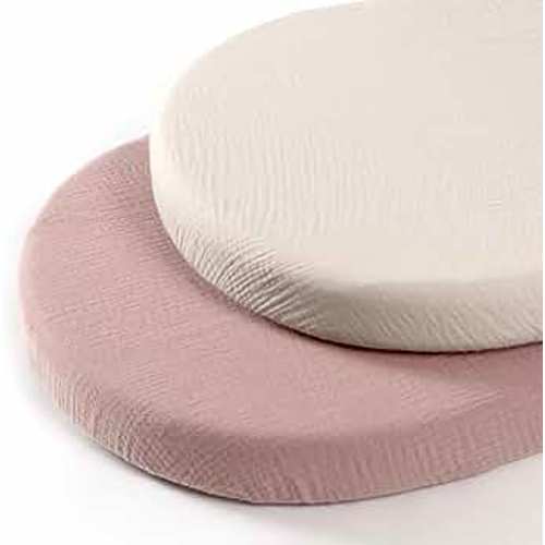 lulumoon Muslin Bassinet Sheets Fitted - Universal Cotton Baby Sheets for Rectangle, Hourglass or Oval Bassinet Mattress (Sand & Cream)