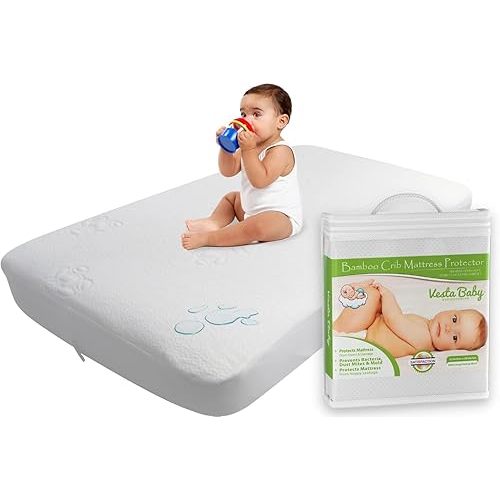 Vesta Baby Crib Mattress Protector - 52” x 28” Noiseless Waterproof Pad Cover - Absorbent Soft Jacquard Bamboo Rayon Fitted Sheet for Infant & Toddler Potty Training