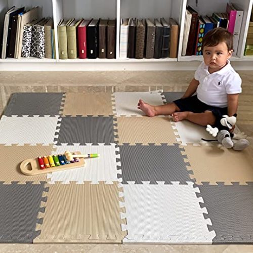 MioTetto 18 (2 for Free) Tiles of Soft Non-Toxic Baby Play Mat, Foam Floor Tiles, Jigsaw Puzzle Play Mat, Interlocking Floor Mats, Foam Mat for Babies, Toddlers & Kids Gym, Nursery, Playroom, 16 Sq Ft - Cream-gray-beige