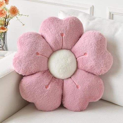 Flower Pillow, Flower Shaped Pillow Decorative Throw Pillows for Bed Couch, Cute Daisy Pillow Dorm Decor Floor Seating Cushion (Grey Pink, 15 Inches)