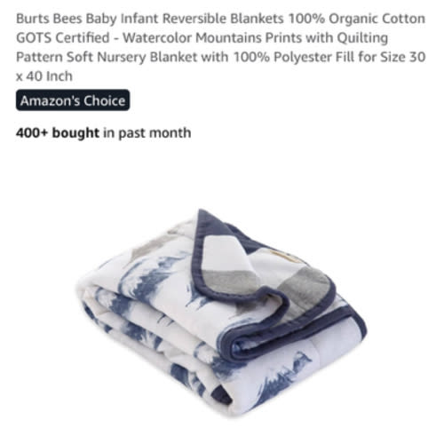 Burts Bees Baby Infant Reversible Blankets 100% Organic Cotton GOTS Certified - Watercolor Mountains Prints with Quilting Pattern Soft Nursery Blanket with 100% Polyester Fill for Size 30 x 40 Inch