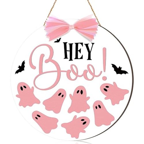 Halloween Door Sign Pink Ghost Wreath Decorations Boo Wooden Hanging Decorations with Pink Bows Halloween Porch Sign for Farmhouse Front Door Hanger Porch Wall Decor
