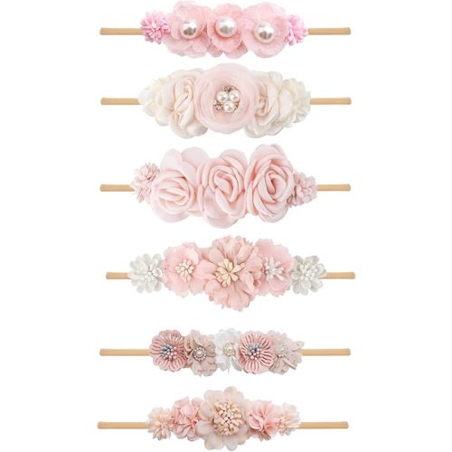OOSAKU Baby Girl Flower Headbands Set Elastic Floral Headbands 6pcs Soft Nylon Hair Band for Newborn Toddler Hair Accessories