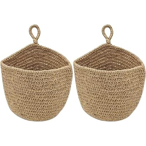 Jute Onion Basket Hanging for Pantry with Wooden hook, Potato Garlic Onion Pantry Storage Baskets, Potato Holder Hanging Wall Vegetable Baskets for Succulent Wall Decor (Large)