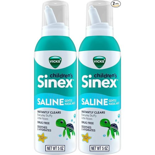 Vicks Sinex, Children's Saline Nasal Spray, Drug Free Ultra Fine Mist with Hint of Aloe, Ages 1+, Fast Everyday Stuffy Nose Relief for Kids, Clear Mucus from a Cold or Allergy, 5 OZ x 2