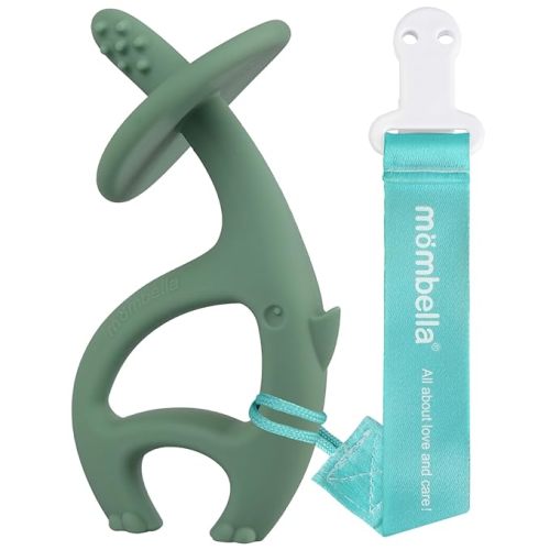Light Green, Mombella Dancing Elephant Teether Toys with Strap for 3-12 Months, Baby Teething Toys 6 to 12 Months Old with Clip, Freezable Silicone Infant Chew Toys, Easy Hold Great Gifts for Newborn