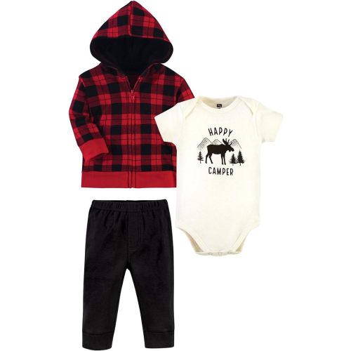 Hudson Baby Unisex Baby Cotton Hoodie, Bodysuit or Tee Top and Pant Set - 3-6 Months - Plaid Moose Baby