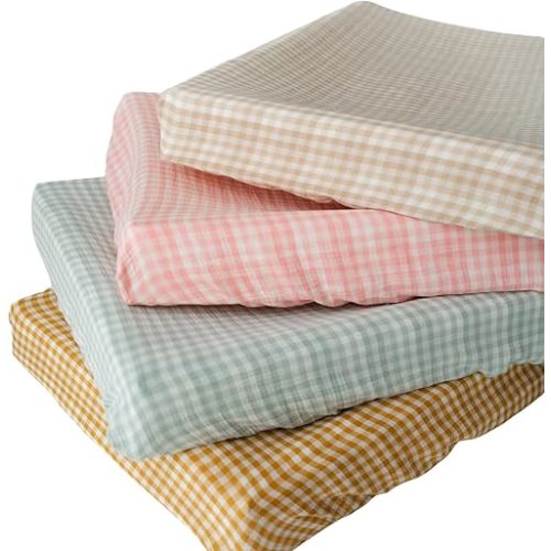 TISU Muslin Changing Pad Cover for Baby Girls Boys, Premium Soft Breathable Cotton in Gingham Pattern, Diaper Change Table Pad Cover (Beige Gingham)