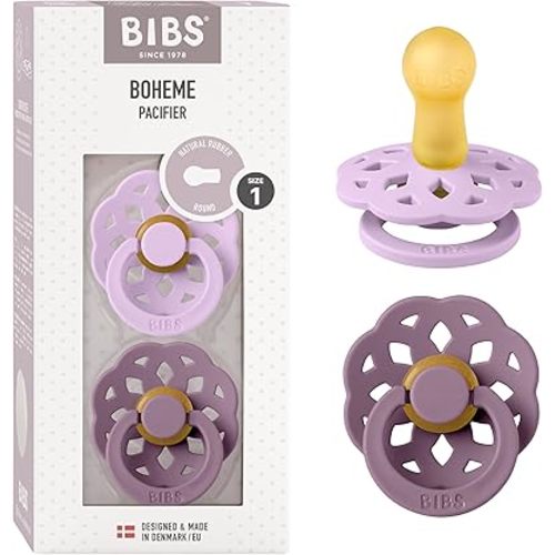 Bibs Pacifiers 0-6 Months | Boheme Collection 2-Pack | BPA-Free Round Natural Rubber Nipple | Made in Denmark | Violet Sky/Mauve Color Pacifier
