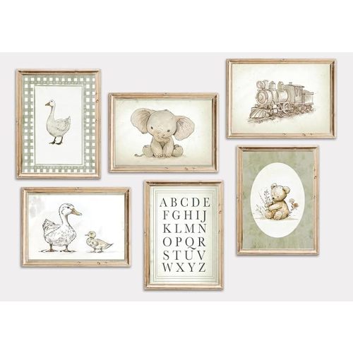 6Pcs Vintage Sage Green Nursery Wall Art Cute Teddy Bear Duck Elephant Painting Picture Wall Decor Adorable Animal Train Alphabet Nursery Poster Print Artwork for Kids Playroom Bedroom Home Decoration