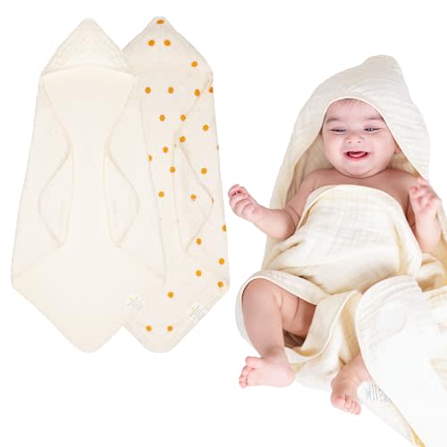 NINTARABABY Hands-Free Hooded Towel - 100% Organic Premium Muslin Cotton, 30" x 30", Ultra-Absorbent, Soft, Breathable, Hypoallergenic, Multipurpose, Gifts for Babies & Infants, Pack of 2