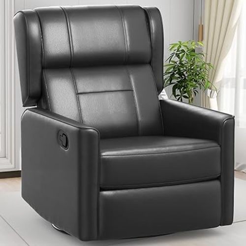 Recliner Chair, 360 Swivel Rocker Chair for Adults, Elegant Rocking Recliner for Small Spaces, Upholstered Leather Glider Recliner Nursery Sofa for Living Room, Nursery, Black