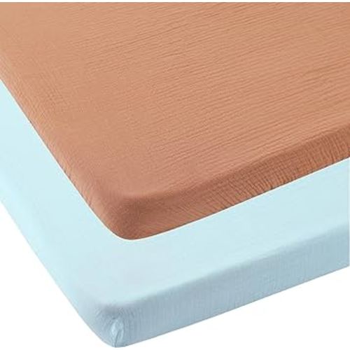 Muslin Pack n Play Sheets for Baby Boy and Girl, 100% Cotton Muslin Mini Crib Sheets Playard Mattress Cover Soft Breathable 2 Pack for Baby Unisex, Pale Brown and Light Sky Blue