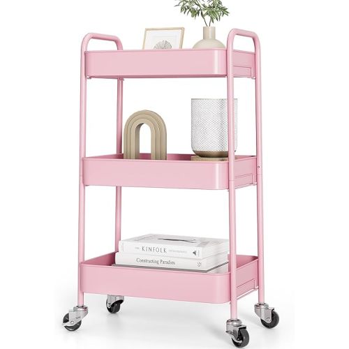 TOOLF 3-Tier Rolling Cart - Metal Utility Storage Organizer with Lockable Wheels, 33 lbs Per Shelf, Tool-Free 5-Min Assembly, for Kitchen Bathroom Office Nursery Craft Room, Pink