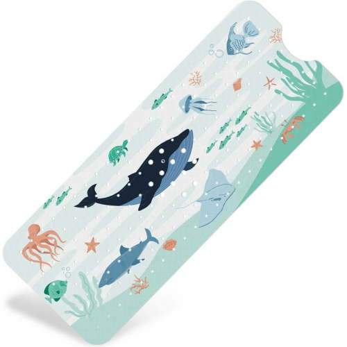 Non-Slip Baby Bath Mat for Tub with Powerful Suction Cups, 40"x16" Large Size Quick Drain for Children & Elderly Safety in Showers and Tubs, Machine Washable Durable PVC Comfortable & Safe (Whale)