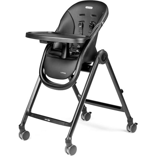 Peg Perego Living, Grow with Baby Folding High Chair & Recliner, Height Adjustable, Quick Clean & Easy Push Wheels for Babies & Toddlers, Made in Italy, True Black