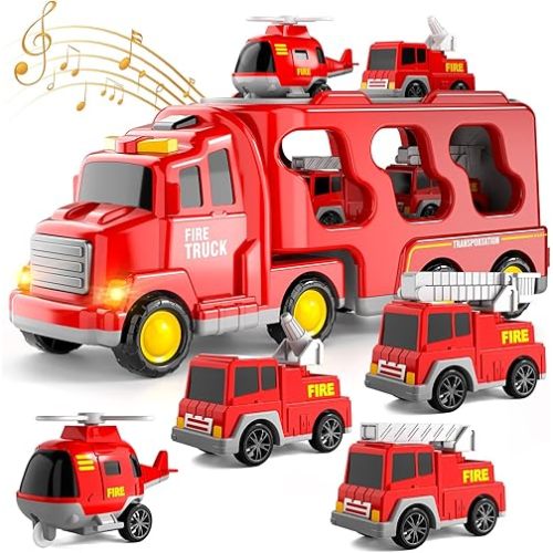 Bennol Toddler Trucks Toys for Boys Age 1-3 3-5, 5 in 1 Fire Car Truck for Girls 1 2 3 4 5 6 Years Old, Christmas Birthday Gift Car Sets with Light Sound