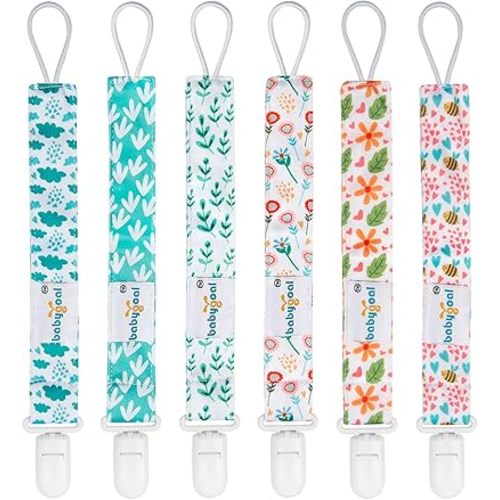 Babygoal Floral Pacifier Clips, 6 Pack Binky Paci Holder Clips and Leash for Boys and Girls Fits for Most Pacifier, Binkie Styles & Baby Teethers & Toys and Gift 6PS13