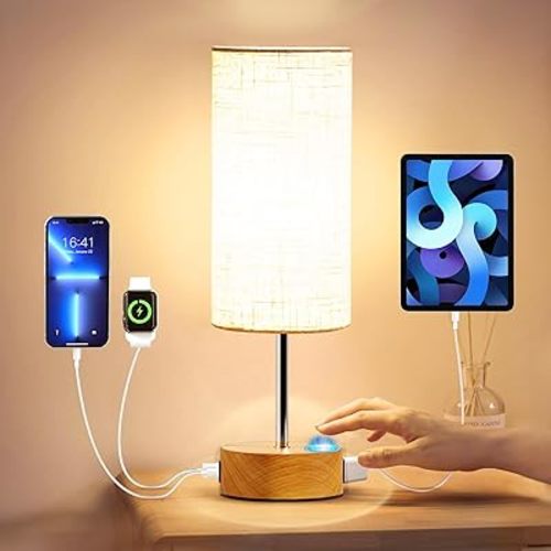 KPQ Bedside Lamp Touch Control Table Lamp with USB A+C Charging Ports & AC Outlet 3-Way Dimmable Nightstand Lamp with Linen Fabric Shade for Bedroom Living Room(E26 Light Bulb Included)