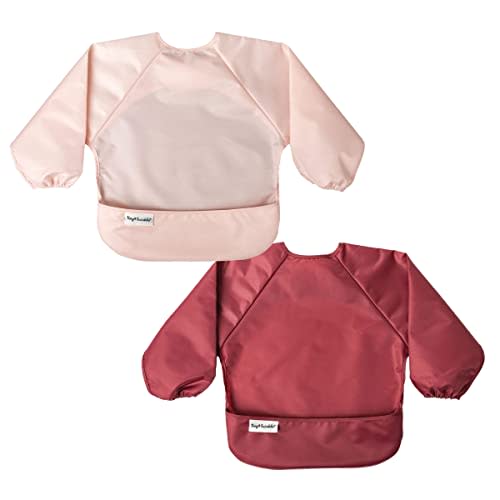 Tiny Twinkle Mess Proof Baby Bib |2 Pack Waterproof Smock Bib for Eating, Machine Washable Full Sleeve with Pocket (Rose Burgundy, Small 6-24 Months)