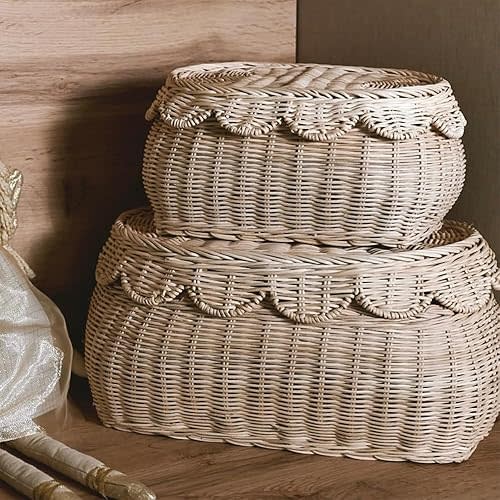 CAALMA Scalloped Basket - Set of 2 Rattan Basket - Wicker Storage Basket with Lid - Decorative Small scalloped baskets - Woven Baskets with Lids - Round Wicker Baskets for Nursery - Scallop Basket