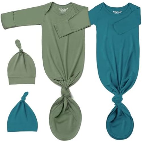 Super Soft Newborn Knotted Gown Set - Silky Infant Sleepwear with Long Sleeves, Includes Hat & Headband (2-Pack)