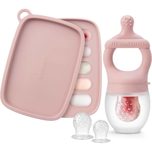 SAMiGO Baby Food Fruit Feeder and Breastmilk Popsicle Mold Set, Silicone Fruit Teether, Food Feeder Pacifier for Teething Relief, Freezer Tray, Baby Feeding Essentials, 4 Months+