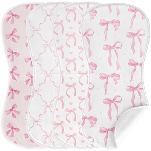 Besaomeom 4 Pack Pink Bow Baby Burp Cloths Soft Absorbent Spit up Rags Cherry Burp Cloths Pink Burping rag for Boy Girl Newborn Gifts Nursery Decor, 19 x 9 Inches