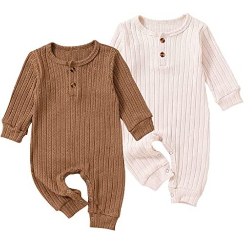 BeiVSlley Newborn Baby Boy Girl 2 Pack Button Solid Romper Infant Long sleeve Knit Cotton Footless Outfits Clothes