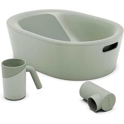 Lalo Bathtime Starter Kit - Modern Baby Bathtub, Rinse Cup & Spout Cover Bundle, Safe & Clean Design for Newborns, Minimalist Design, Easy to Clean, 25.3 x 18 x 7.7 in, 10 lb - Sage