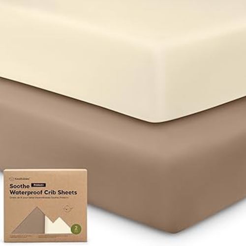 2-Pack Waterproof Crib Sheets for Girl, Boy - Organic Cotton 52X28 Fitted Crib Sheets Neutral, Crib Mattress Protector Sheets, Soft Toddler Bed Sheets, Washable Infant Fitted Baby Crib Sheets (Latte)