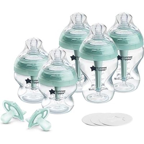 Tommee Tippee Advanced Anti-Colic Fussy Baby BPA Free 10 Piece Set, Newborn 0+ Months, 2 x 5oz & 3 x 9oz Bottles with Slow-Flow Breast-Like Nipples, 3 Travel Bottle Lids & 2 Ultralight Pacifiers