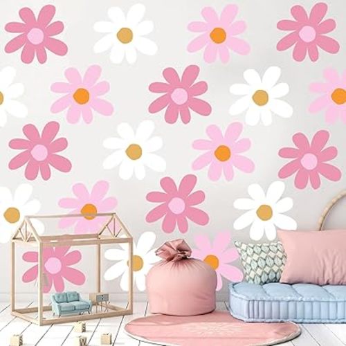 TaoBary 12 Sheet Daisy Wall Sticker Decal Removable Cute Daisy Bedroom Room Decor Flower Wall Sticker Pink White Flower Decal Wallpaper Peel and Stick for Nursery Home(Classic Color,Delicate Style)