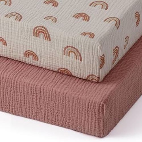 Blissful Diary Muslin Mini Crib Sheets, Pack and Play Mattress Sheets Fitted for Pack N Play, Soft Cotton for Boys Girls, 2 Pack(Dusty Pink&Rainbow)