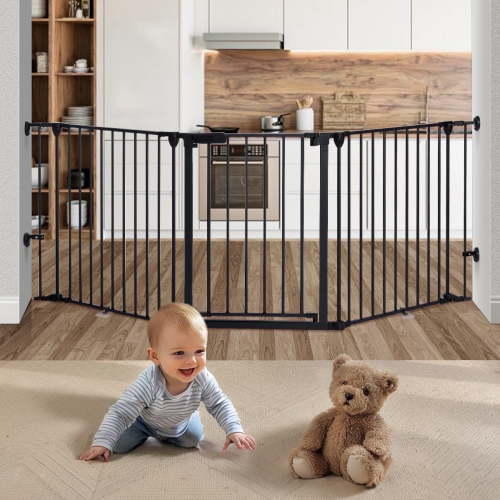 Baby Gate Baby Safety Gate 3Panels 80" Extra Wide Iron Gates for Doorway Kitchen Playard 0-3 years old, Black