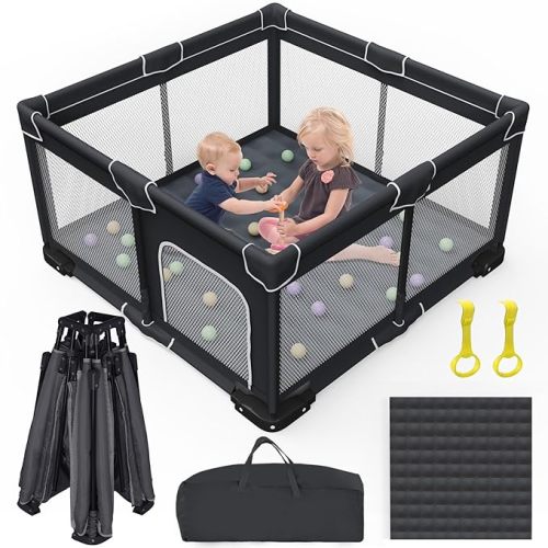Foldable Baby Playpen with Mat, Foldable Playpen for Babies and Toddlers, Folding Portable Kids Play Pen, Collapsible Play Yard with 2 Handles + Suitable Size Mat(Black, 50x50 inches)