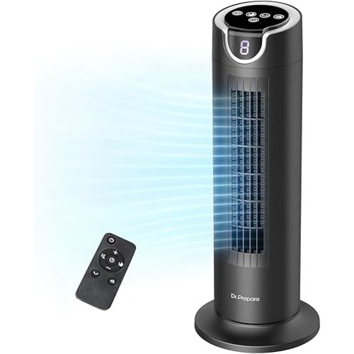 DR.PREPARE Tower Fan for Bedroom, 25 dB Quiet DC Bladeless Fan with Remote, 8 Speeds, 1-8H Timer, 80° Oscillating Fans for Indoors, 16 Inch Portable Desk Table Fans for Room, Home, Office