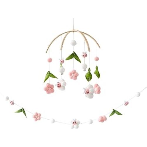 Baby Mobile for Crib, Crib Nursery Mobile for Boys Girls, Boho Bee Flower Nursery Decor Soothe Toy Baby Shower Set for Infant Bedroom Hanging Decoration Toy, Pink